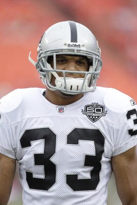 KANSAS CITY, MO - SEPTEMBER 20:  Tyvon Branch #33 of the Oakland Raiders looks on before the game against the Kansas City Chiefs at Arrowhead Stadium on September 20, 2009 in Kansas City, Missouri. (Photo by Jamie Squire/Getty Images)
