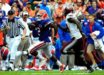 GAINESVILLE, FL - SEPTEMBER 12:  Jeffery Demps #2 of the Florida Gators runs for a touchdown during the game against the Troy Trojans at Ben Hill Griffin Stadium on September 12, 2009 in Gainesville, Florida.  (Photo by Sam Greenwood/Getty Images)