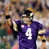 MINNEAPOLIS - OCTOBER 05:  Quarterback Brett Favre #4 of the Minnesota Vikings celebrates after a touchdown during the game against the Green Bay Packers on October 5, 2009 at Hubert H. Humphrey Metrodome in Minneapolis, Minnesota.  (Photo by Jamie Squire