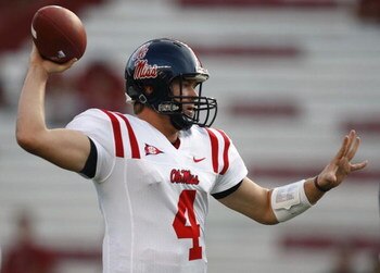 COLUMBIA, SC - SEPTEMBER 24: Quarterback Jevan Snead #4 of the Mississippi Rebels, warms up prior to their game against the South Carolina Gamecocks at Williams-Brice Stadium on September 24, 2009 in Columbia, South Carolina. (Photo by Streeter Lecka/Gett