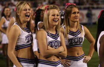 FORT WORTH, TX - OCTOBER 16:  TCU Horned Frogs cheerleaders wear pink ribbons for Breast Cancer Awareness month during play against the BYU Cougars at Amon G. Carter Stadium on October 16, 2008 in Fort Worth, Texas.  (Photo by Ronald Martinez/Getty Images