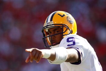 ATHENS, GA - OCTOBER 03: Quarterback Jordan Jefferson #9 of the Louisiana State University Tigers runs the offense against the Georgia Bulldogs at Sanford Stadium on October 3, 2009 in Athens, Georgia. (Photo by Kevin C. Cox/Getty Images)