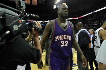 SAN ANTONIO - APRIL 29:  Shaquille O'Neal #32 of the Phoenix Suns leaves the court after an 92-87 loss to the San Antonio Spurs to lose the series 4-1 in Game Five of the Western Conference Quarterfinals during the 2008 NBA Playoffs at the AT&T Center on 
