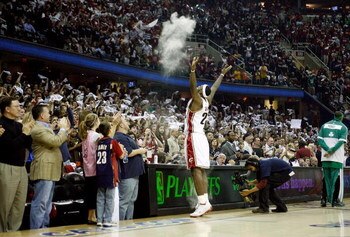 CLEVELAND - MAY 10:  LeBron James #23 of the Cleveland Cavaliers does his pregame ritual of applying powder to his hands and tossing it in the air prior to the start of their game against the Boston Celtics in Game Three of the 2008 NBA Eastern Conference