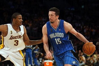 LOS ANGELES, CA - JUNE 07:  Hedo Turkoglu #15 of the Orlando Magic drives on Trevor Ariza #3 of the Los Angeles Lakers in Game Two of the 2009 NBA Finals at Staples Center on June 7, 2009 in Los Angeles, California. NOTE TO USER: User expressly acknowledg