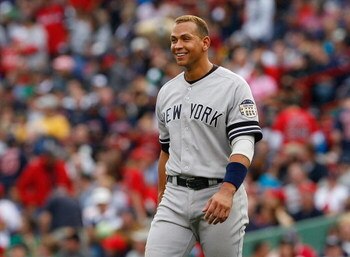 BOSTON - SEPTEMBER 28: Alex Rodriguez #13 of the New York Yankees smiles between innings against the Boston Red Sox at Fenway Park September 28, 2008 in Boston, Massachusetts. (Photo by Jim Rogash/Getty Images)