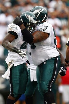 PHILADELPHIA - SEPTEMBER 27:  LeSean McCoy #29 of the Philadelphia Eagles celebrates his first quarter touchdown with teammate Nick Cole #59 against the Kansas City Chiefs during their game on September 27, 2009 at Lincoln Financial Field in Philadelphia,