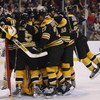 BOSTON - APRIL 19:  The Boston Bruins celebrate a win over the Montreal Canadiens during game six of the 2008 NHL Stanley Cup Playoffs Eastern Conference Quarterfinals series on April 19, 2008 at the TD Banknorth Garden in Boston, Massachusetts. The Bruin