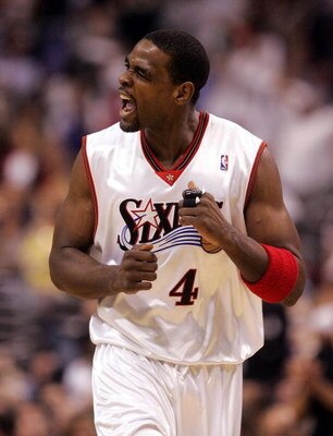 PHILADELPHIA - APRIL 29:  Chris Webber #4 of the Philadelphia 76ers reacts after hitting a shot late in the game against the Detroit Pistons in Game three of the Eastern Conference Quarterfinals during the 2005 NBA Playoffs at Wachovia Center on April 29,