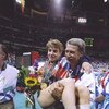 23 Jul 1996:  Bela Karolyi carries Kerri Strug off the floor during the Olympic Games at the Georgia Dome in Atlanta, Georgia. Mandatory Credit: Mike Powell  /Allsport