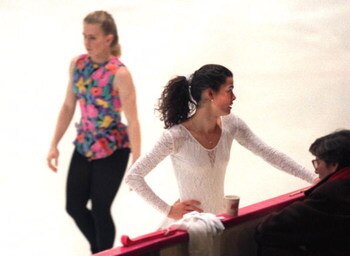 17 FEB 1994:  TONYA HARDING WALKS BY AS NANCY KERRIGAN OF THE USA TAKES A BREAK DURING PRACTICE IN LILLEHAMMER, NORWAY. Mandatory Credit: Pascal Rondeau/ALLSPORT