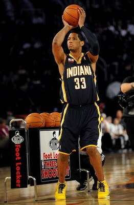 PHOENIX - FEBRUARY 14:  Danny Granger of the Indiana Pacers participates in the Foot Locker Three-Point Shootout on All-Star Saturday Night, part of 2009 NBA All-Star Weekend at US Airways Center on February 14, 2009 in Phoenix, Arizona.  NOTE TO USER: Us