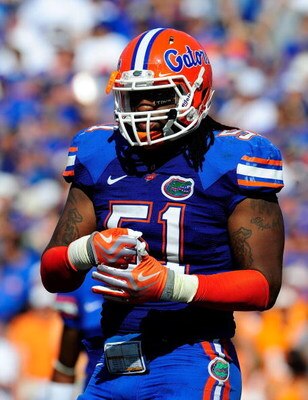 GAINESVILLE, FL - SEPTEMBER 19:  Brandon Spikes #51 of the Florida Gators pounds his fist during the game against the Tennessee Volunteers at Ben Hill Griffin Stadium on September 19, 2009 in Gainesville, Florida.  (Photo by Sam Greenwood/Getty Images)
