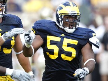 ANN ARBOR, MI - SEPTEMBER 05: Brandon Graham #55 of the Michigan Wolverines reacts after a second quarter sack while playing the Western Michigan Broncos on September 5, 2009 at Michigan Stadium in Ann Arbor, Michigan. Michigan won the game 31-7. (Photo b