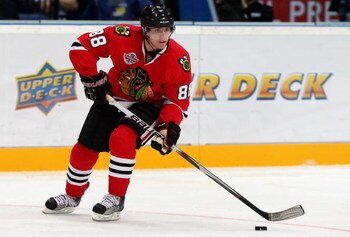HELSINKI, FINLAND - OCTOBER 02:  Patrick Kane #88 of the Chicago Blackhawks in action during The Compuware/NHL Premiere Helsinki series match between the Florida Panthers and the Chicago Blackhawks at the Hartwall Areena on October 2, 2009 in Helsinki, Fi