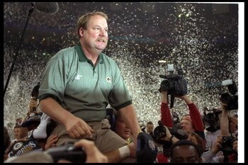 26 Jan 1997:  Green Bay Packers head coach Mike Holmgren celebrates after Super Bowl XXXI against the New England Patriots at the Superdome in New Orleans, Louisiana.  The Packers won the game, 35-21. Mandatory Credit: Rick Stewart  /Allsport