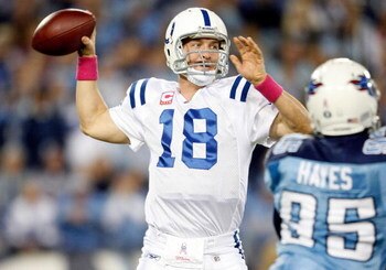 NASHVILLE, TN - OCTOBER 11:  Peyton Manning #18 of the Indianapolis Colts throws the ball during the NFL game against the Tennessee Titans at LP Field on October 11, 2009 in Nashville, Tennessee.  (Photo by Andy Lyons/Getty Images)