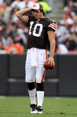CLEVELAND - OCTOBER 04:  Brady Quinn #10 of the Cleveland Browns looks on against the Cincinnati Bengals during their game at Cleveland Browns Stadium on October 4, 2009 in Cleveland, Ohio. The Bengals defeated the Browns 23-20 in overtime.  (Photo by Jim