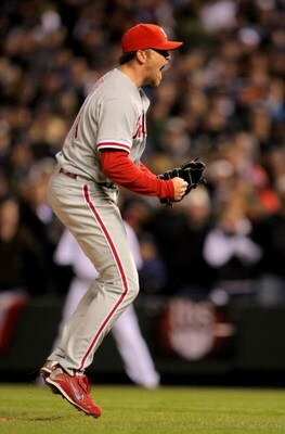 DENVER - OCTOBER 12:  Pitcher Brad Lidge #54 of the Philadelphia Phillies celebrates after the final out against the Colorado Rockies in Game 4 of their National League Divisional Series at Coors Field on October 12, 2009 in Denver, Colorado. The Phillies
