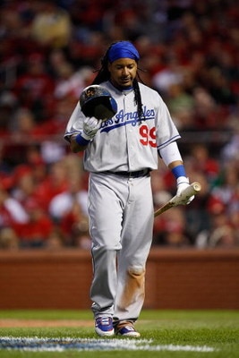 ST. LOUIS , MO - OCTOBER 10:  :  :  :  :  Manny Ramirez #99 of the Los Angeles Dodgers in Game Three of the NLDS during the 2009 MLB Playoffs at Busch Stadium on October 10, 2009 in St. Louis, Missouri.  (Photo by Ronald Martinez/Getty Images)