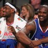 DENVER - FEBRUARY 20:   (L-R) LeBron James #23 and Shaquille O'Neal #32 of the Eastern Conference All-Stars smile on the bench in the final moments of the East's win over the Western Conference All-Stars the 54th All-Star Game, part of 2005 NBA All-Star W