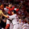ST LOUIS - OCTOBER 27:  Jason Varitek #33 and Keith Foulke #29 of the Boston Red Sox celebrate after defeating the St. Louis Cardinals 3-0 in game four of the World Series on October 27, 2004 at Busch Stadium in St. Louis, Missouri.(Photo by Jed Jacobsohn