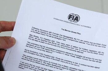 NORTHAMPTON, UNITED KINGDOM - JULY 04:  This photo illustration shows an FIA document relaying news of the change of venue of the British Grand Prix from 2010 to Donington Park , during practice for the British Formula One Grand Prix at Silverstone on Jul