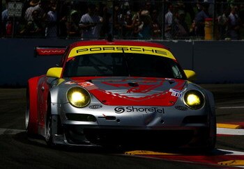 ST. PETERSBURG, FL - APRIL 4: Jorg Bergmeister drives the #45 GT2 Flying Lizards Motorsport Porsche 911 GT3 during the American Le Mans Series Acura Sports Car Challenge of St. Petersburg on April 4, 2009 on the streets of St. Petersburg, Florida. (Photo 