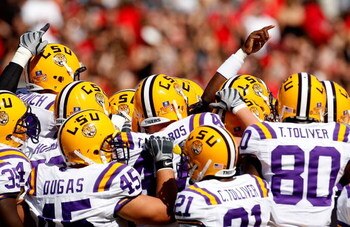 ATHENS, GA - OCTOBER 03:  The Louisiana State University Tigers huddles before facing the Georgia Bulldogs at Sanford Stadium on October 3, 2009 in Athens, Georgia.  (Photo by Kevin C. Cox/Getty Images)