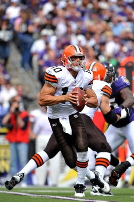 BALTIMORE - SEPTEMBER 27:  Brady Quinn #10 of the Cleveland Browns looks for a receiver during the game against the Baltimore Ravens at M&T Bank Stadium on September 27, 2009 in Baltimore, Maryland. The Ravens defeated the Browns 34-3. (Photo by Larry Fre