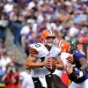 BALTIMORE - SEPTEMBER 27:  Brady Quinn #10 of the Cleveland Browns looks for a receiver during the game against the Baltimore Ravens at M&T Bank Stadium on September 27, 2009 in Baltimore, Maryland. The Ravens defeated the Browns 34-3. (Photo by Larry Fre