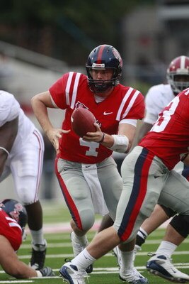 OXFORD, MS - OCTOBER 10:  Quarterback Jevan Snead #4 of the Mississippi Rebels hands the ball off during their game against the Alabama Crimson Tide at Vaught-Hemingway Stadium on October 10, 2009 in Oxford, Mississippi. (Photo by Dave Martin/Getty Images