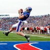 LAWRENCE, KS - OCTOBER 10:  Receiver Kerry Meier #10 of the Kansas Jayhawks catches a pass for a touchdown during the game against the Iowa State Cyclones on October 10, 2009 at Memorial Stadium in Lawrence, Kansas.  (Photo by Jamie Squire/Getty Images)