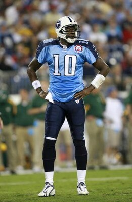 NASHVILLE, TN - SEPTEMBER 3: Vince Young #10 of the Tennessee Titans looks on against the Green Bay Packers during a preseason NFL game at LP Field on September 3, 2009 in Nashville, Tennessee. The Titans beat the Packers 27-13. (Photo by Joe Murphy/Getty