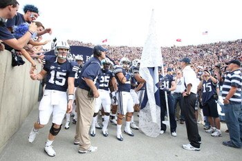 PROVO, UT. - SEPTEMBER 19:  Max Hall #15 of the Brigham Young Cougars enters the stadium while the rest of the team waits to be announced before a game against the Florida State Seminoles at La Vell Edwards Stadium on September 19, 2009 in Provo, Utah.  (