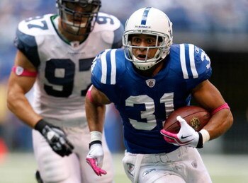 INDIANAPOLIS - OCTOBER 04:  Donald Brown #31 of the Indianapolis Colts runs with the ball during the NFL game against the Seattle Seahawks at Lucas Oil Stadium on October 4, 2009 in Indianapolis, Indiana. The Colts won 34-17.  (Photo by Andy Lyons/Getty I