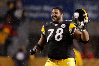 PITTSBURGH - JANUARY 18:  Offensive tackle Max Starks #78 of the Pittsburgh Steelers celebrates after defeating the Baltimore Ravens 23-14 during the AFC championship game on January 18, 2009 at Heinz Field in Pittsburgh, Pennsylvania.  (Photo by Gregory 