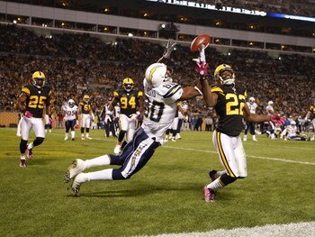 PITTSBURGH - OCTOBER 04:  William Gay #22 of the Pittsburgh Steelers breaks up a pass in the end zone intended for Malcom Floyd #80 of the San Diego Chargers on October 4, 2009 at Heinz Field in Pittsburgh, Pennsylvania. Pittsburgh won the game 38-28.  (P