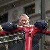 30 Oct 2000:  New York Yankee owner George Steinbrenner rides a double decker bus during their victory parade up the Canyon of Heroes in New York City. Digital File Mandatory Credit: Ezra Shaw/Getty Images