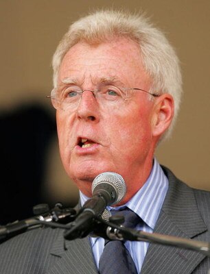 COOPERSTOWN, NY - JULY 31:  Peter Gammons, recipient of the J.G. Taylor Spink Award for meritorious contributions to baseball writing, speaks during the Baseball Hall of Fame induction ceremony on July 31, 2005 at the Clark Sports Complex in Cooperstown, 