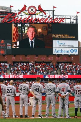 ST. LOUIS, MO - JULY 14:  General view as American League All-Stars watch former President George W. Bush speak on the video board before the 2009 MLB All-Star Game at Busch Stadium on July 14, 2009 in St Louis, Missouri. (Photo by Jamie Squire/Getty Imag