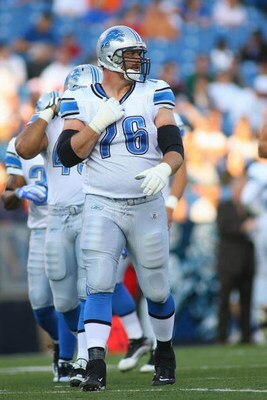 ORCHARD PARK, NY - SEPTEMBER 3:  Jeff Backus #76 of the Detroit Lions looks on during the preseason game against the Buffalo Bills at Ralph Wilson Stadium on September 3, 2009 in Orchard Park, New York. (Photo by Rick Stewart/Getty Images)