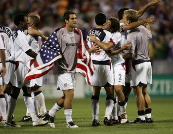 COLUMBUS, OH - SEPTEMBER 3:  Team USA celebrates after defeating Mexico in the 2006 World Cup Qualifying match at Crew Stadium on September 3, 2005 in Columbus, Ohio. The USA won 2-0.  (Photo by Jonathan Daniel/Getty Images)