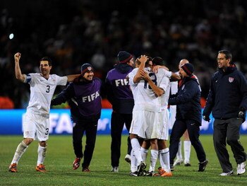 BLOEMFONTEIN, SOUTH AFRICA - JUNE 24:  USA players celebrate victorious at the end of their FIFA Confederations Cup Semi Final match against Spain at Free State Stadium on June 24, 2009 in Bloemfontein, South Africa. USA won the match 2-0.  (Photo by Jasp