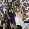 WASHINGTON - APRIL 24: DeShawn Stevenson #2 of the Washington Wizards celebrates a play in front of LeBron James #23 of the Cleveland Cavaliers in Game Three of the Eastern Conference Quarterfinals during the 2008 NBA Playoffs at the Verizon Center on Apr