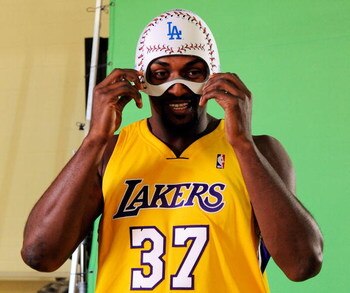 EL SEGUNDO, CA - SEPTEMBER 29: Ron Artest #37 of the Los Angeles Lakers hwears a mask while taping a public announcement for the Los Angeles Dodgers during Lakers media day at the Lakers training facility on September 29, 2009 in El Segundo, California. N