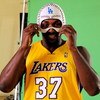 EL SEGUNDO, CA - SEPTEMBER 29: Ron Artest #37 of the Los Angeles Lakers hwears a mask while taping a public announcement for the Los Angeles Dodgers during Lakers media day at the Lakers training facility on September 29, 2009 in El Segundo, California. N