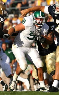 SOUTH BEND, IN - SETPEMBER 19: Kevin Pickelman #96 of the Michigan State Spartans rushes against the Notre Dame Fighting Irish on September 19, 2009 at Notre Dame Stadium in South Bend, Indiana. Notre Dame defeated Michigan State 33-30. (Photo by Jonathan