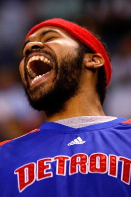 BOSTON - MAY 28:  Rasheed Wallace #36 of the Detroit Pistons laughs during warm ups before taking on the Boston Celtics during Game Five of the Eastern Conference finals during the 2008 NBA Playoffs at TD Banknorth Garden on May 28, 2008 in Boston, Massac