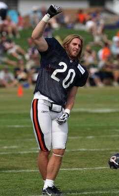 BOURBONNAIS, IL - AUGUST 04: Craig Steltz #20 of the Chicago Bears stretches before a training camp practice on August 4, 2009 at Olivet Nazarene University in Bourbonnais, Illinois. (Photo by Jonathan Daniel/Getty Images)